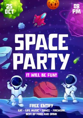 Çocuklar için uzay partisi ilanı, uzay gezegenindeki çizgi film astronotları, vektör olayı davetiyesi posteri. Çocuklar için kostüm partisi eğlencesi ve giriş broşürü, uzay giysisi içindeki uzay adamı ve fantezi galaksi uzay gemisi.