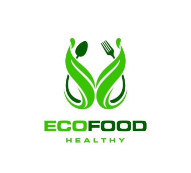 Vejetaryen diyet mutfağı için sağlıklı organik vegan gıda ikonu, vektör sembolü. Vegan restoran barı için çatal kaşığı ve yeşil yaprak, organik tarım pazarı veya biyolojik ve doğal ekolojik gıda marketi amblemi