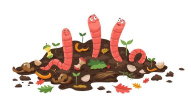 Karikatür gübre solucanları. Organik çöp yığınında kalan artıklarla ve büyüyen bitkilerle izole edilmiş toprak solucanları. Bahçe toprağında çalışan sevimli solucanlar. Komik omurgasız insanlar yiyecekleri geri dönüştürüyor.