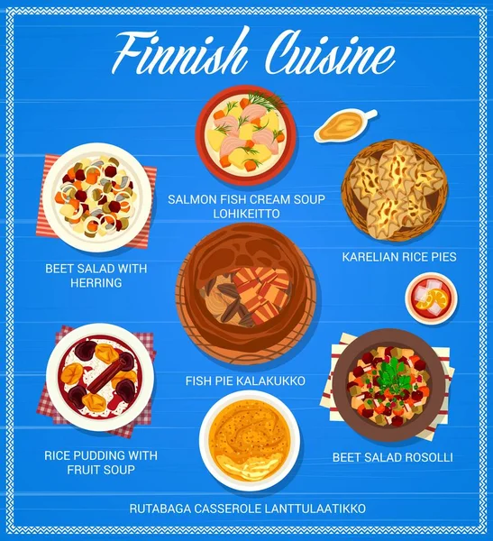 Finnish Cuisine Restaurant Food Menu Cream Soup Lohikeitto Salad Rosolli — Stock Vector