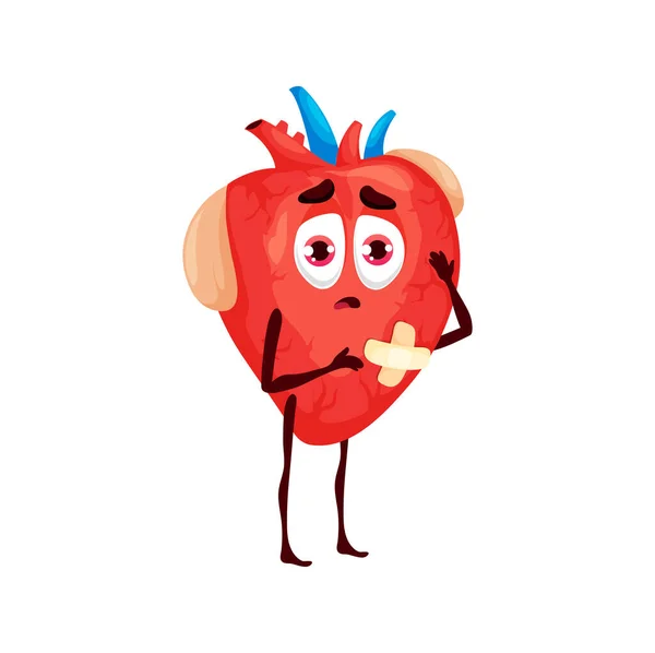 心脏有病的身体器官性格 卡通片载体不健康的解剖心血管系统人士伤心的脸和石膏 心脏科保健 疾病症状 — 图库矢量图片