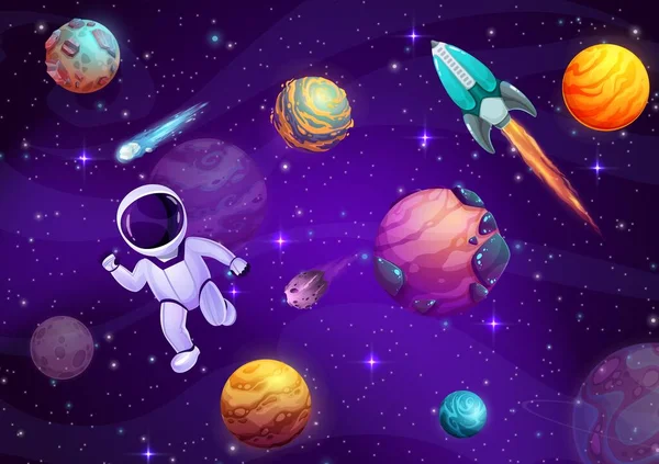 Astronauta Dos Desenhos Animados Espaço Galáxia Estrelada Planetas Foguetes Vetor —  Vetores de Stock