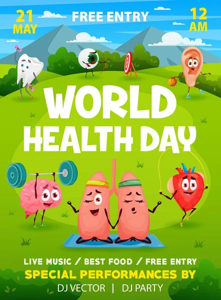 World Health Day Flyer Cartoon Funny Human Organs Characters Vector — Stock Vector