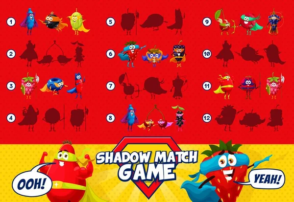 Shadow Match Spel Cartoon Superheld Verdediger Bessen Personages Vector Kinderen — Stockvector