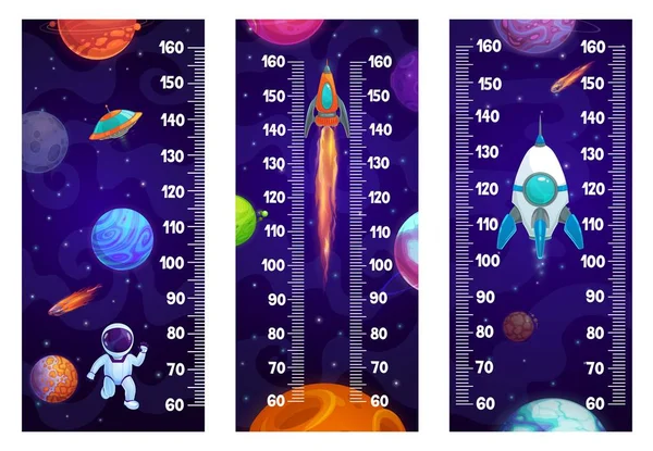 子供の高さチャートは 宇宙惑星 宇宙飛行士やロケット船 ベクトル成長メーターで支配します 赤ちゃんの背の高い測定定規または高さチャート上のエイリアンUfoと銀河ロケットシャトルまたは宇宙船と宇宙飛行士 — ストックベクタ