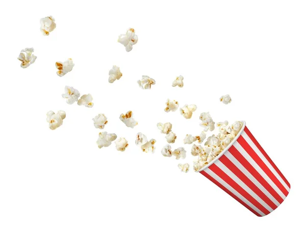 Popcorn Flakes Flying Bucket Realistic Popcorn Box Isolated White Vector — Stock Vector