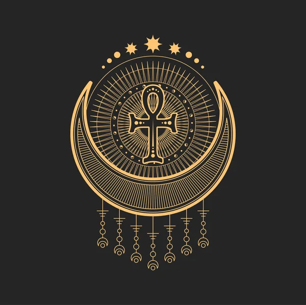 Crescent Maan Esoterische Occulte Symbolen Magische Tarot Vector Talisman Met — Stockvector