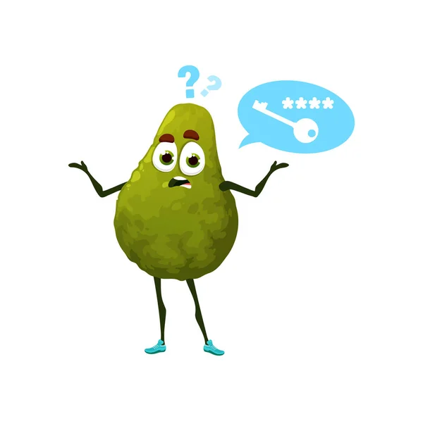 Wachtwoord Vergeten Cartoon Avocado Karakter Geïsoleerde Vector Grappige Pensive Fruit — Stockvector