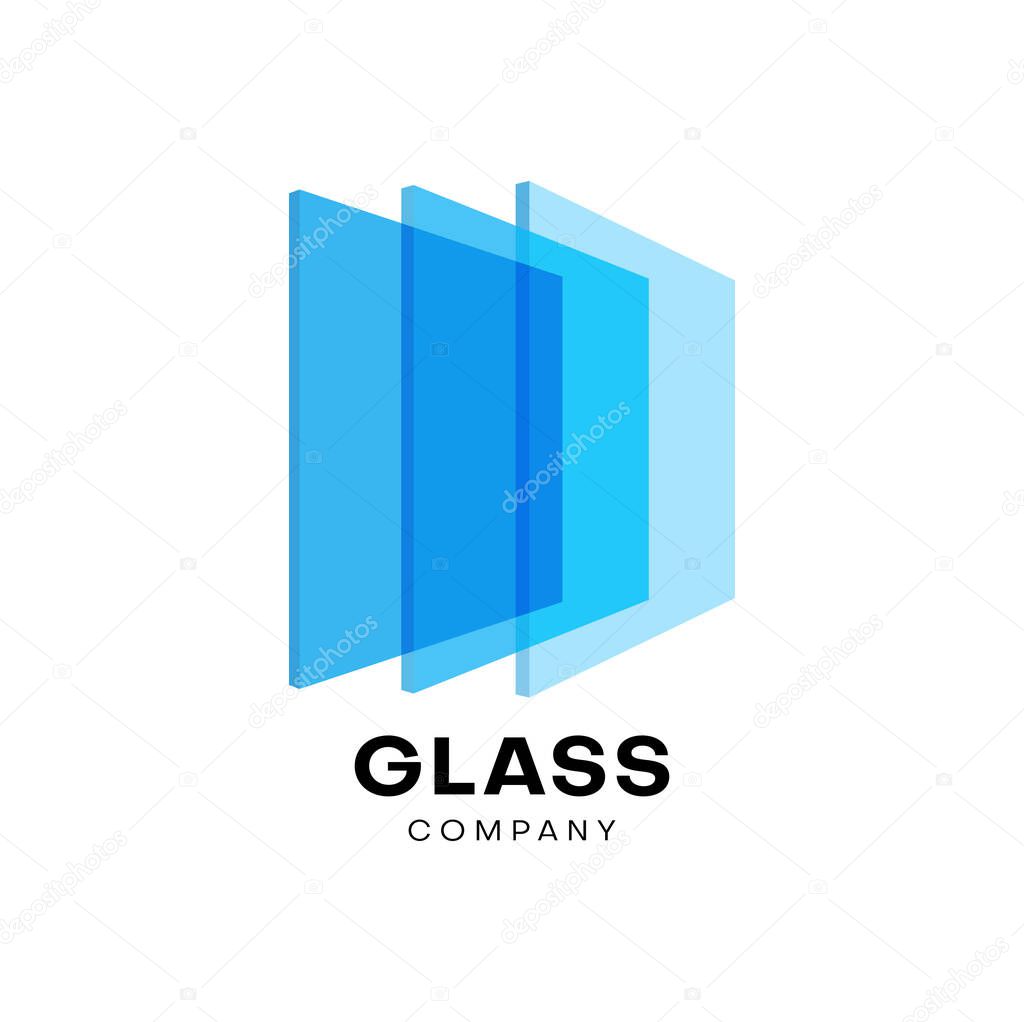 Glass icon with vector rectangular sheets of transparent blue plate or flat glass. Window, door and wall building material isolated symbol for glazing service or glasswork company emblem