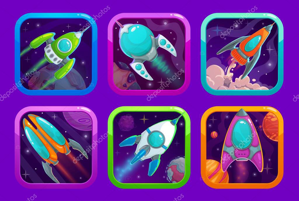 Cartoon space game app icons, spaceship rockets and galaxy starships, vector UI badges for mobile application. Galactic fantasy arcade game app icons or application UI buttons with space shuttles