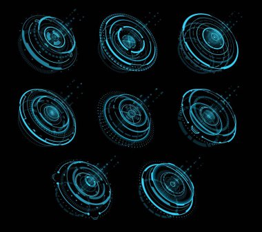 Dijital ekranda HUD daire fütüristik hologramı dairesel grafikler, vektör ekranı. HUD kontrolleri veya UI arayüz paneli, Sci Fi portal daire hologramları, gelecekteki teknolojik sanal kontroller