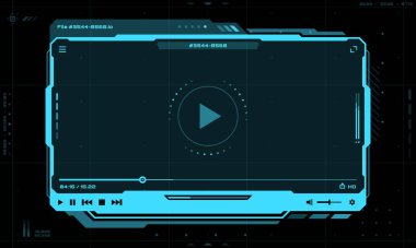 HUD video oynatıcı fütüristik arayüz, vektör multimedya ekran çerçevesi. HUD video oynatıcı şablonu oyun ve gezinme düğmeleri ile düzeni ve video ortamı ve çevrimiçi canlı yayın için duraklat