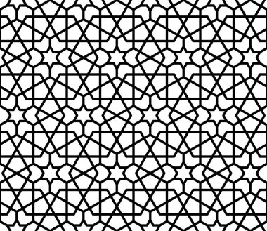 Mashrabiya arabesk Arap deseni, vektörsüz İslami arka plan. Mashrabia ya da Arap geometrik deseni, duvar dekorasyonu veya geometrik çiçeklerle dekorasyon sanatı için arabesk ezmesi seramiği