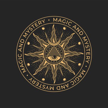 Büyü ve okült, Mason Simya ikonu. Hepsi gören göz, piramit ve güneş sihirli dövme ya da vektör amblemi. Okültizm ruhani veya dini işaret, tarot sembolü. Okült mühür, Mason Ezoterik Çember simgesi