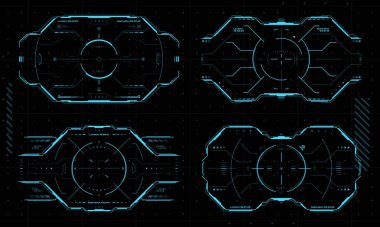 HUD aim control target frames, UI interface or cyber game border, vector futuristic technology. HUD aim target on digital screen frame, Sci Fi or space tech display background of viewfinder dashboard clipart