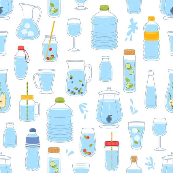 Patrón Sin Costura Con Botella Agua Vidrio Plástico Contenedores Fondo — Vector de stock