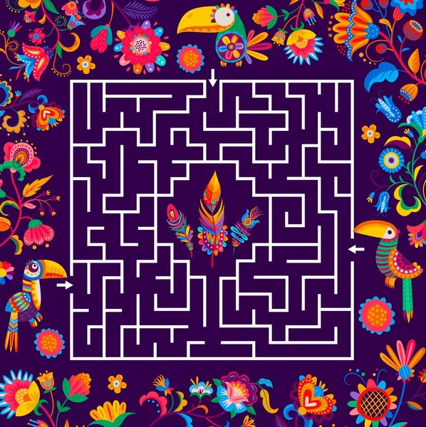 Labyrinth Maze Game Help Toucan Find Feather Kids Quiz Vector — Stock Vector