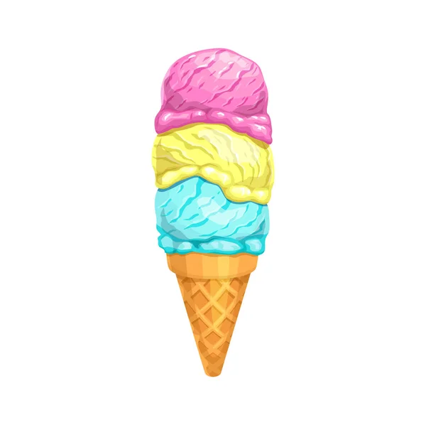 卡通片冰淇淋锥与三勺 病媒食品和夏季甜点 用草莓 香草和薄荷味三勺冰激凌 明胶或冰冻酸奶加糖酥筒 — 图库矢量图片