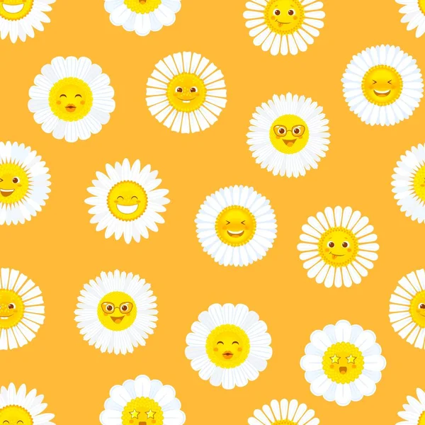Camomile Smile Daisy Flowers Seamless Pattern Background Vector Cartoon Character — Stock Vector