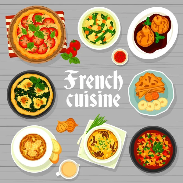 French Cuisine Menu Cover Page Vegetable Soup Spinach Quiche Banana — Stock Vector