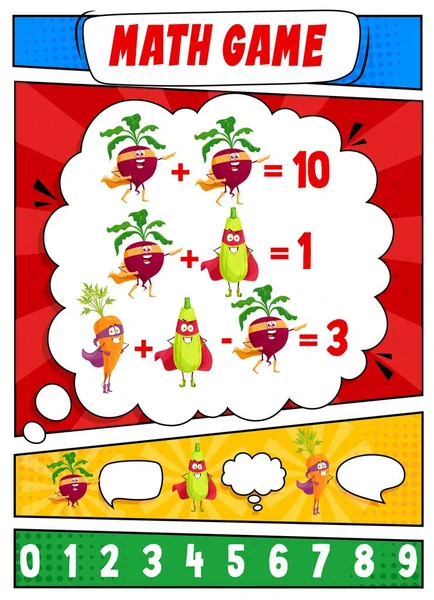 Math Game Worksheet Cartoon Vegetable Superhero Characters Vector Mathematics Riddle — Stock Vector