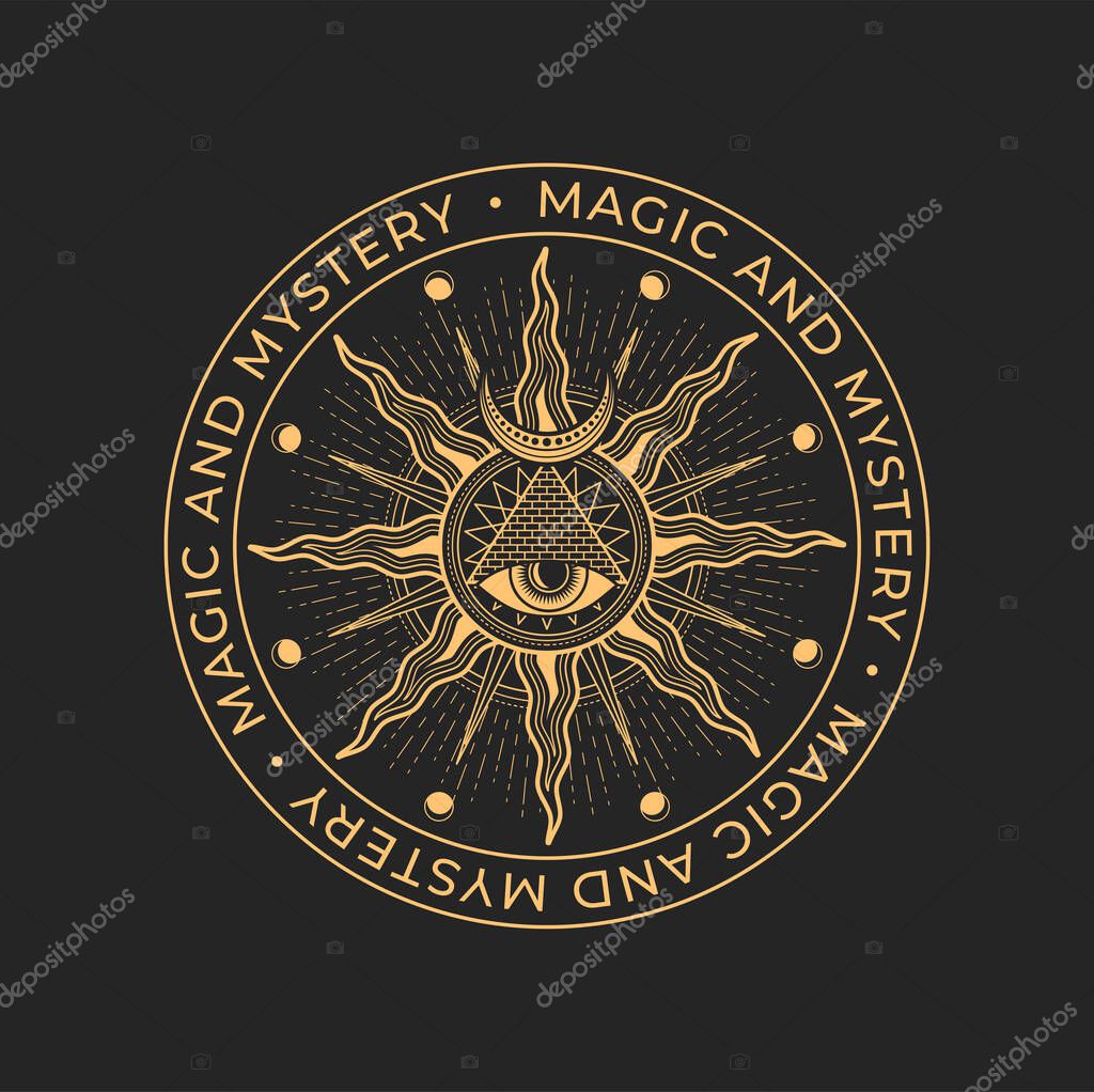 Magic and occult, mason alchemy icon. All seeing eye, pyramid and sun magic tattoo or vector emblem. Occultism spiritual or religion sign, tarot symbol. Occult seal, mason esoteric circle icon
