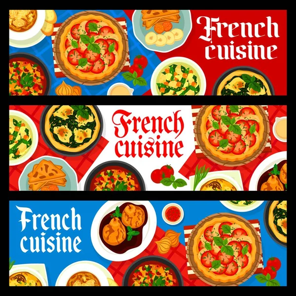 French Cuisine Food Banners Spinach Quiche Onion Soup Poached Pears — Stock Vector