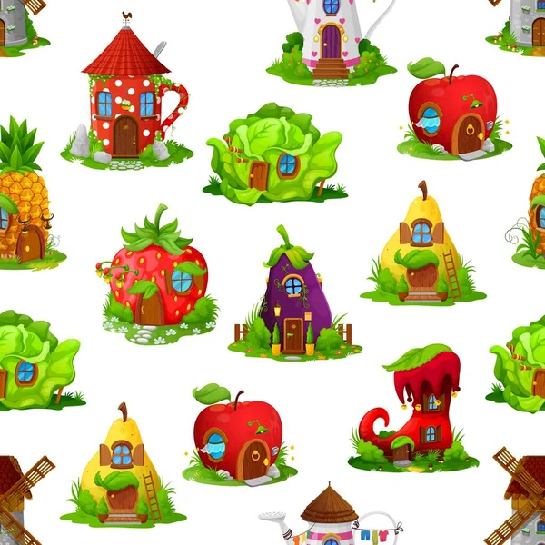 Fairytale Houses Dwellings Seamless Pattern Vector Cartoon Fantasy Buildings Background — Stock Vector