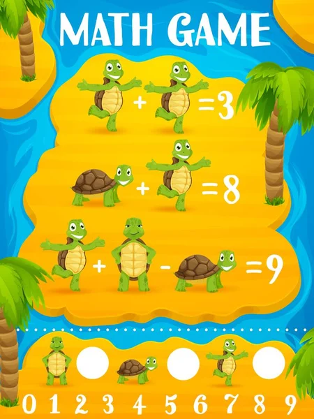 Math Game Worksheet Cartoon Turtle Characters Tropical Island Vector Mathematics — Stock Vector