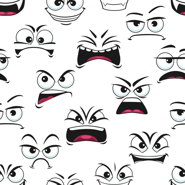 漫画怒って悲しい顔シームレスなパターン 暗い負の絵文字でベクトルの背景 悪の目と叫び口で文字をグルーズ 不幸な顔の表情 Grill Comic Personage — ストックベクタ