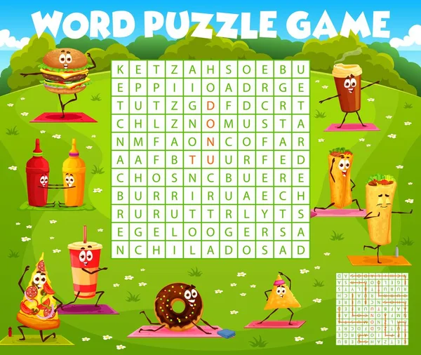 Woord Zoeken Puzzel Quiz Spel Cartoon Fast Food Yoga Karakters — Stockvector