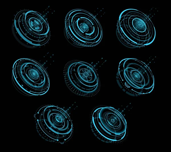 数字屏幕上的Hud圆形未来主义全息图 圆形图形仪表板 矢量显示 Hud控制或Ui接口面板 Sci Fi门户圈全息图 未来主义技术虚拟控制 — 图库矢量图片