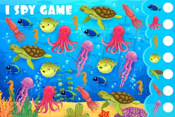 Cartoon underwater landscape and animals i spy game. Kids vector riddle with angel fish, octopus, sea horse and puffer fish, turtle, squid and jellyfish in ocean. Elementary school task for children