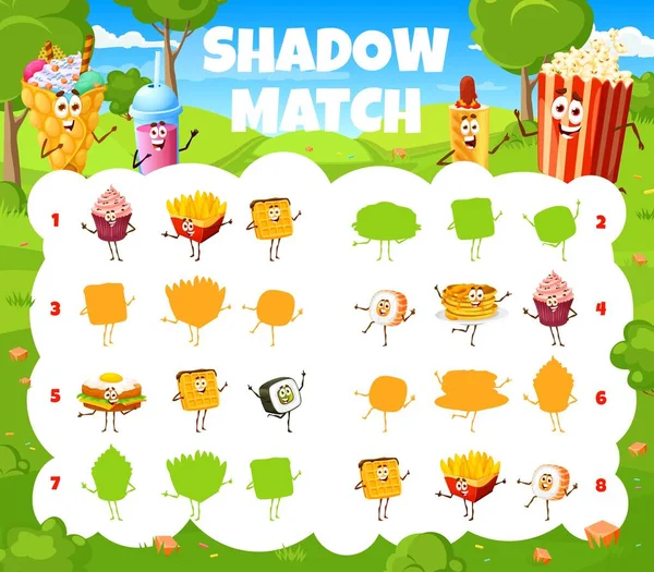 Shadow Matching Game Worksheet Cartoon Fast Food Desserts Characters Vector — Stock Vector