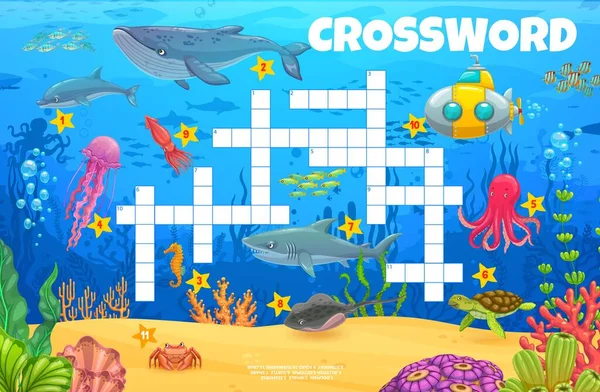 Cartoon underwater landscape and animals crossword quiz game grid. Vector puzzle with whale, dolphin, seahorse, jellyfish and octopus. Shark, turtle, stingray or squid with crab or submarine worksheet