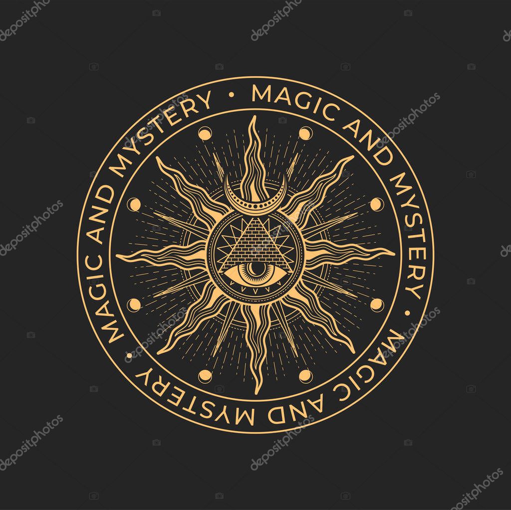 Magic and occult, mason alchemy icon. All seeing eye, pyramid and sun magic tattoo or vector emblem. Occultism spiritual or religion sign, tarot symbol. Occult seal, mason esoteric circle icon