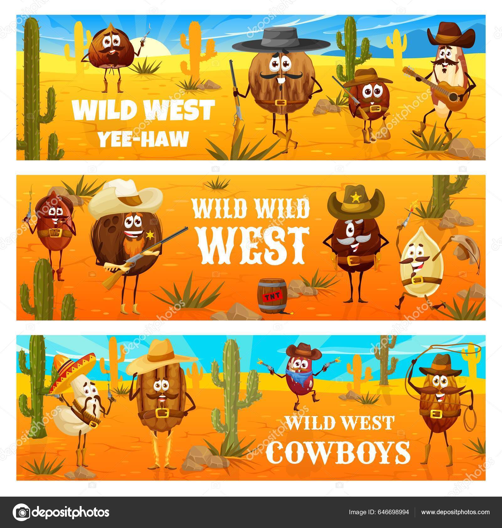 Ville Vesten Tegnefilmcowboy Banditt Ranger Gærning Hasselnøtter Valnøtter  Makadamiaer Peanøtter stockvektor © VectorTradition #646698994, image size:1600x1682
