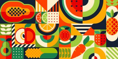 Tropikal meyveli Bauhaus deseni. Papaya, karpuz, elma ve avokadoyla vektör geçmişi. Ananas, narenciye, limonlu ya da çilekli portakal. Sebze, havuç, domates ve mısır.