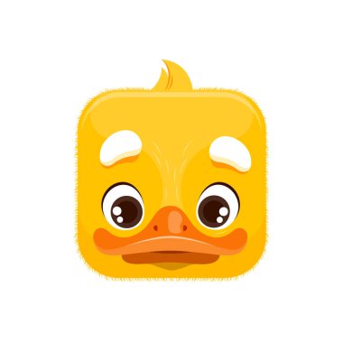 Duckling cartoon kawaii square animal face. Baby duck bird isolated vector character portrait with beak, eyes and yellow plumage. Farm bird, zoo avatar, app button, icon, graphic design element clipart