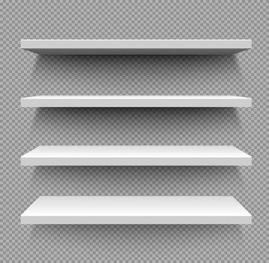 White store shelves, vector blank empty shop showcase display for products. Metal or plastic supermarket retail stand. Bookcase store shopping merchandise market racks shelving realistic 3d mockup clipart