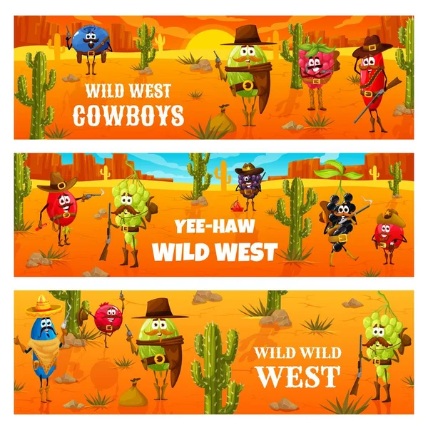 Cartoon Wild West Berry Ranger Cowboy Bandit Characters Vector Banners — Stock Vector