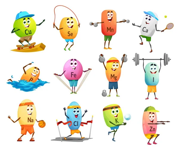 Cartoon Χαρούμενα Ορυκτά Sportsman Χαρακτήρες Micronutrient Διάνυσμα Χαλκού Σεληνίου Μαγγανίου — Διανυσματικό Αρχείο