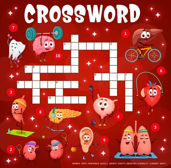 Crossword Cuadrícula Dibujos Animados Personajes Órganos Humanos Juego Preguntas Encuentre — Vector de stock