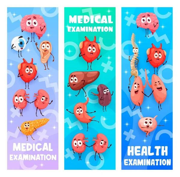 Health medical examination, cartoon human organ characters, vector banners. Kids clinic or family doctor medical checkup for children with funny brain, heart and kidney, cute spine, nose and ear organ