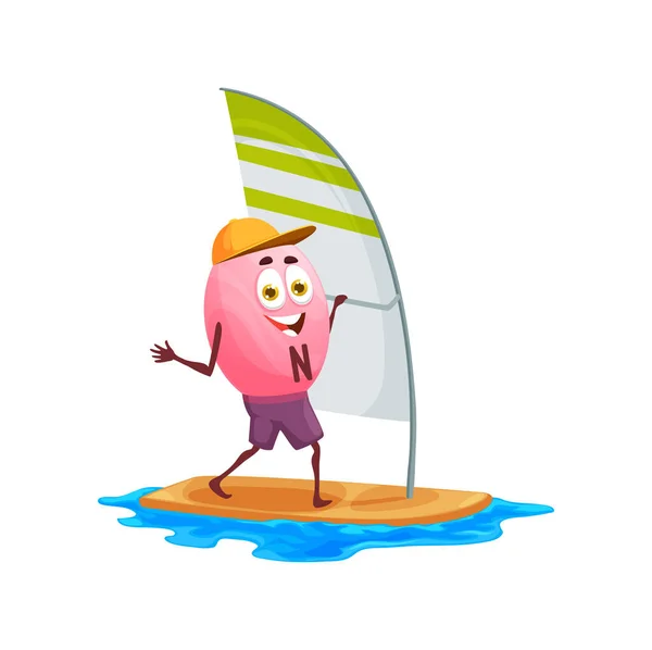 Cartoon Vitamin Character Windsurfing Vector Pink Food Supplement Capsule Sailboarding — Stock Vector