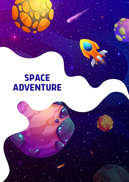 Página Aterrizaje Espacial Nave Espacial Dibujos Animados Galaxia Estrellada Cartel — Vector de stock