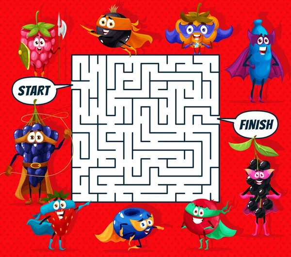 Labyrinth Maze Game Cartoon Superhero Berry Characters Kids Vector Worksheet — Stock Vector