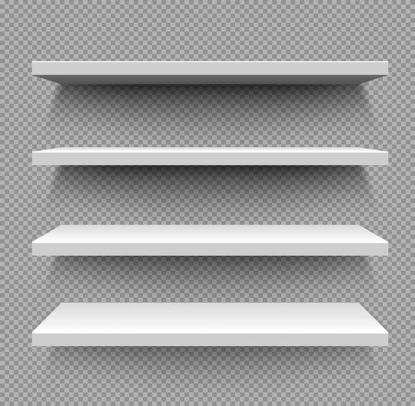 White store shelves, vector blank empty shop showcase display for products. Metal or plastic supermarket retail stand. Bookcase store shopping merchandise market racks shelving realistic 3d mockup