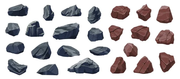 卡通摇滚和巨石 卵石向量集 山地自然元素 地质材料 不同形状的岩石碎片 孤立的黑色和棕色块体 美化物体 — 图库矢量图片