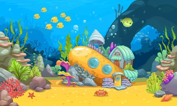 沈没潜水艦と水中風景 漫画ベクトル潜水艦の家の建物 砂浜の海底には サンゴが生息しています 人魚の生活建築 — ストックベクタ